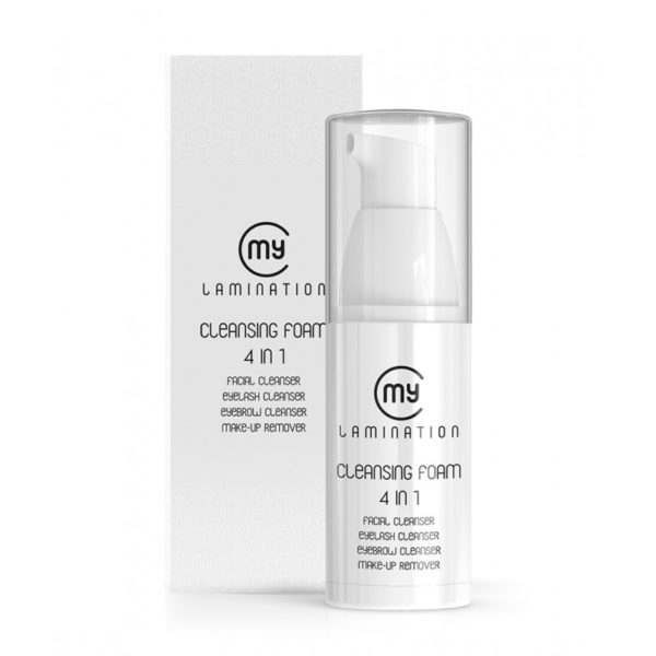 Modern gestaltete Flasche und Verpackung von My Lamination Cleansing Foam 4 in 1, Markenzeichen für Gesichts-, Wimpern-, und Augenbrauenreinigung sowie Make-up-Entferner.