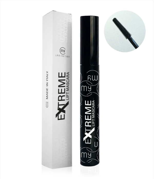 EXTREME LIFT MASCARA für voluminöse und geliftete Wimpern, mit schwarzer Verpackung und stilisiertem Schriftzug, neben der eleganten weißen Produktverpackung mit 'Made in Italy'.