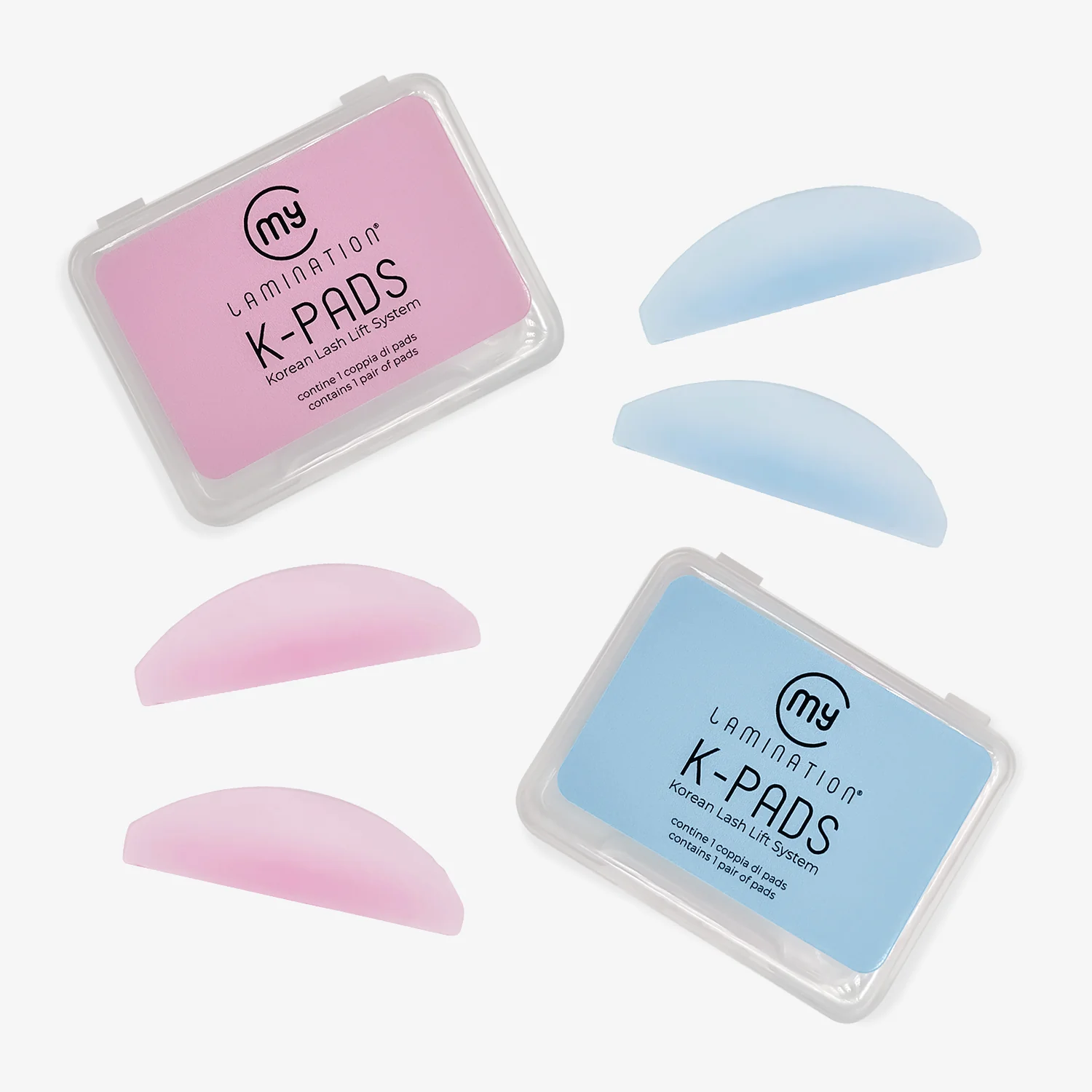 My Lamination K-Pads – flache Silikonpads für Korean Lash Lift in Rosa und Blau, je 1 Paar in transparenter Box